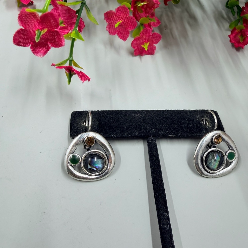 Silver Tone Multi-Stone Drop Earrings - Green and Iridescent